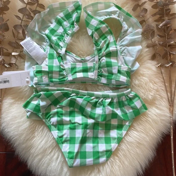 NWT Janie and Jack green white gingham girls swimsuit 2 piece bikini NEW!